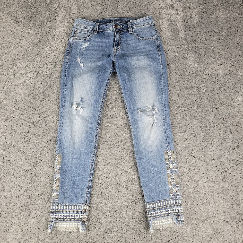 Miss Me Jeans Womens 27 Blue Beaded Ankle Skinny Embroidered Raw Hem Stretch